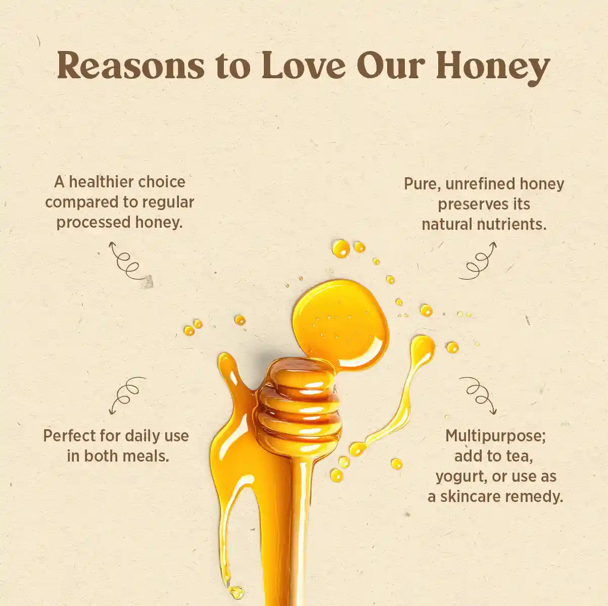 Honey dipper with dripping golden honey, highlighting natural, pure, unrefined organic honey benefits.