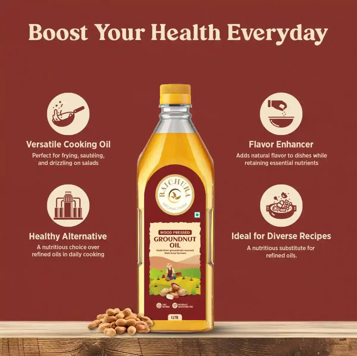 Wood pressed groundnut oil bottle with peanuts on table, nutrition and cooking benefits highlighted.