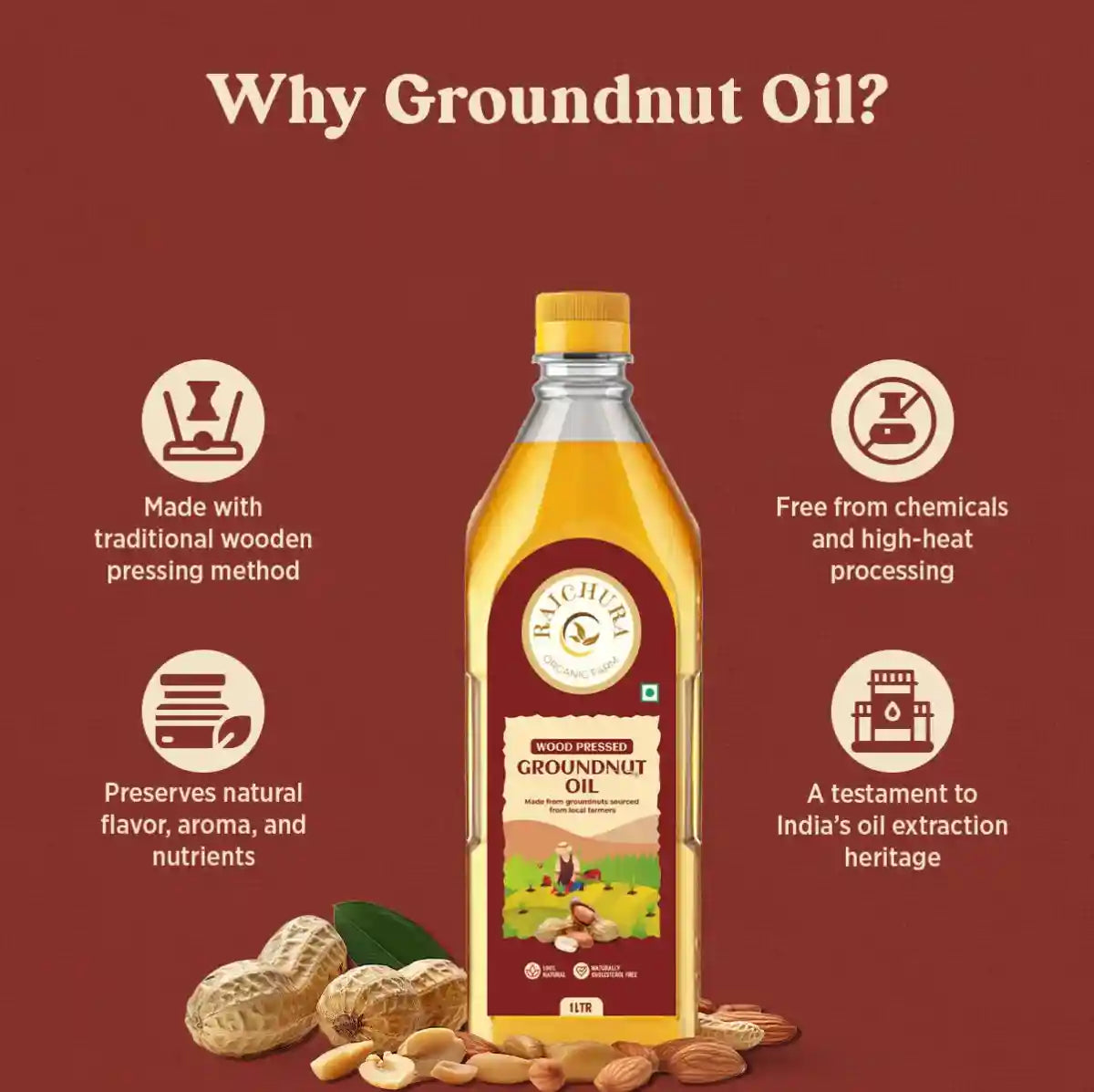Wood pressed groundnut oil bottle with peanuts, natural organic cooking oil benefits displayed.