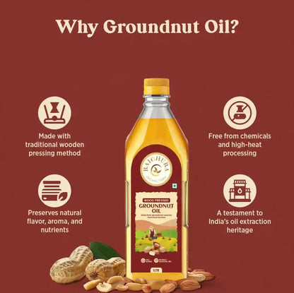Wood pressed groundnut oil bottle with peanuts, natural organic cooking oil benefits displayed.