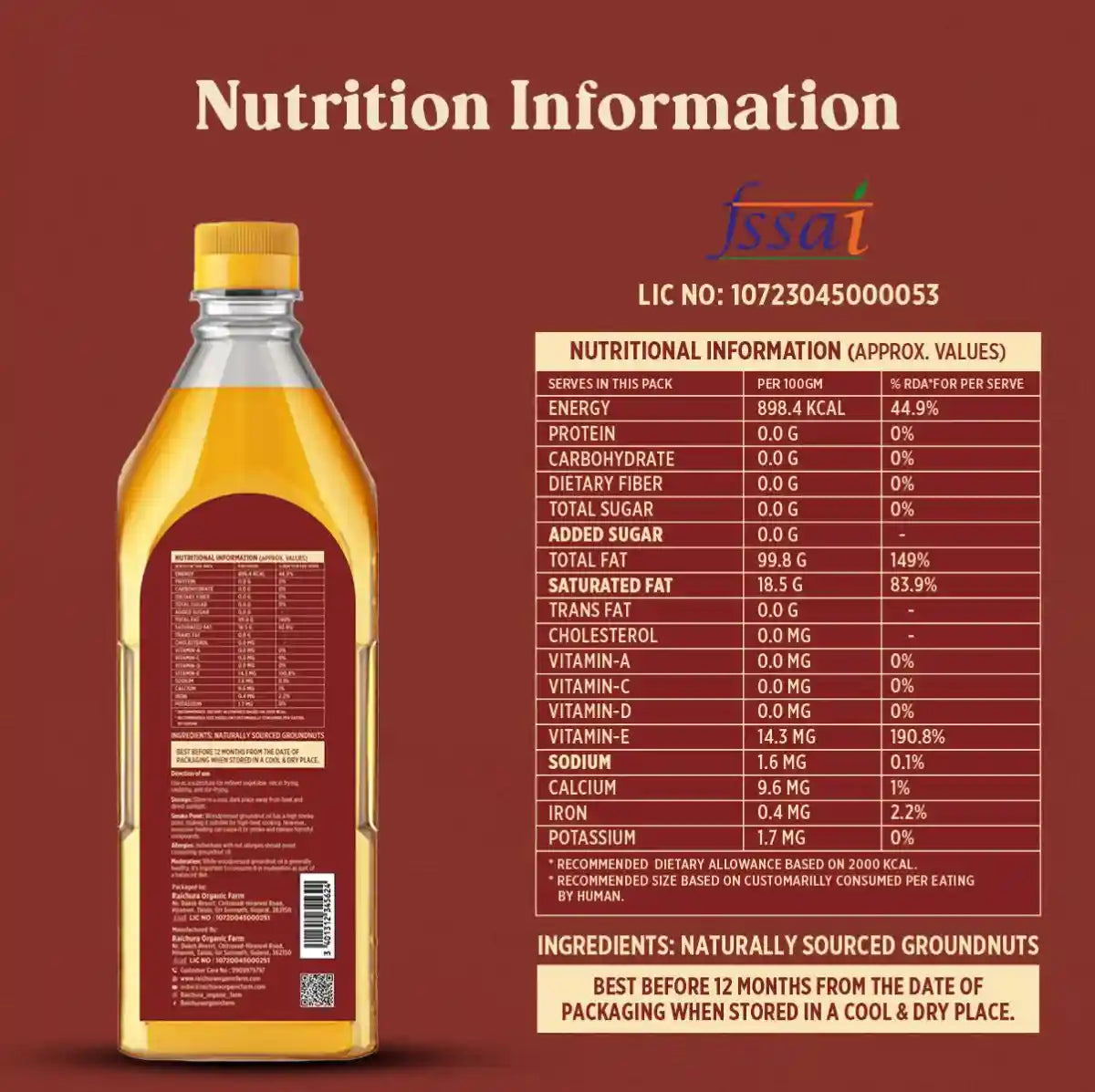 Wood-pressed groundnut oil bottle with nutrition facts and ingredient details on a brown background