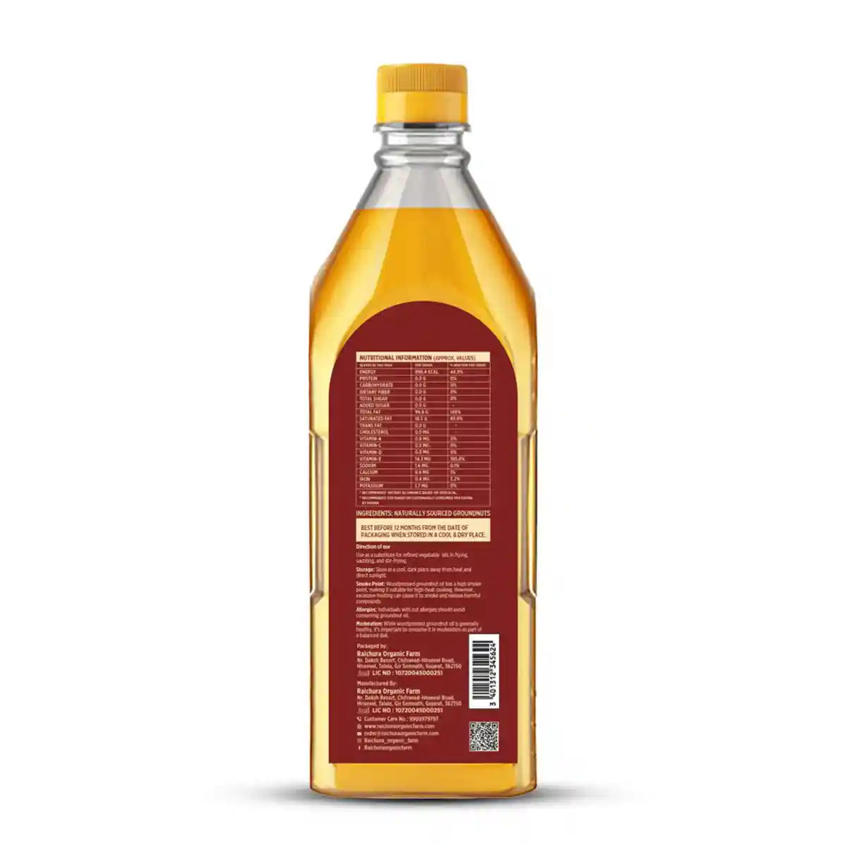 Back view of a 1-liter bottle of wood pressed groundnut oil with nutrition label