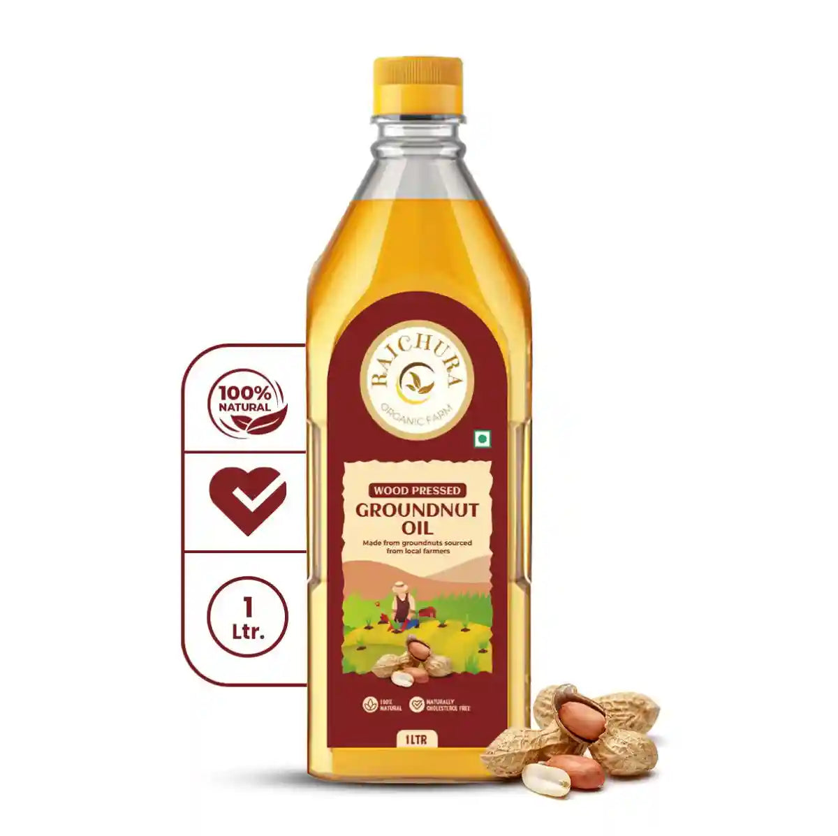 Wood pressed groundnut oil 1 liter bottle with peanuts and organic, natural labels